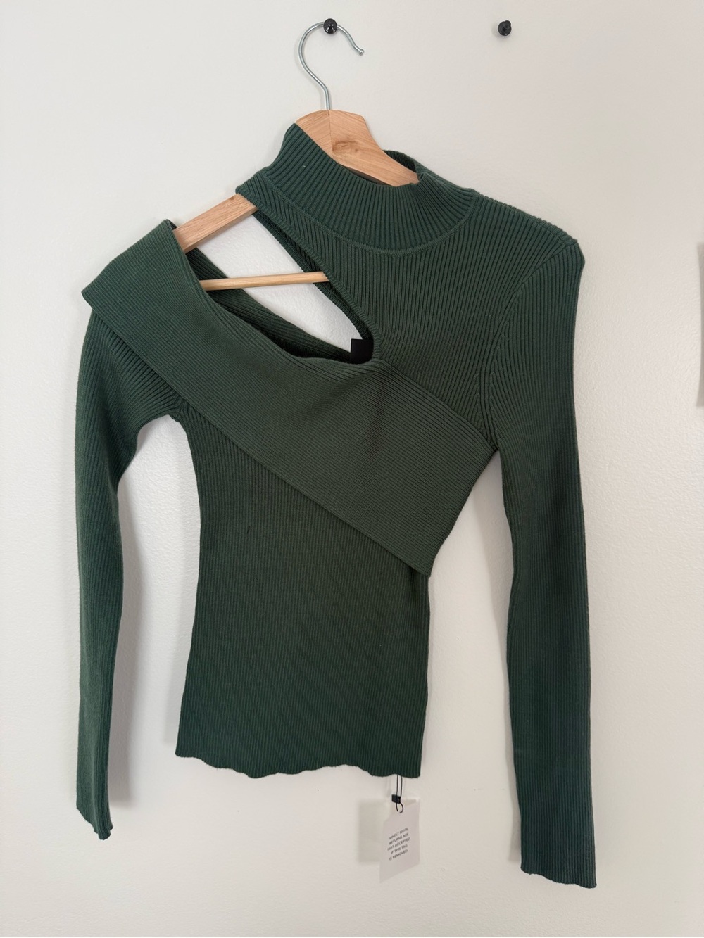 NBD Dark Green Off-Shoulder Ribbed Cutout Sweater